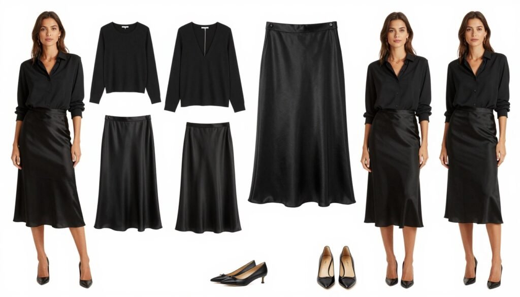 Collage of various black silk skirt outfits showcasing the versatility of this wardrobe staple