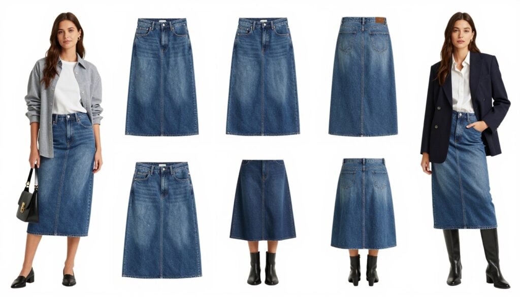 Collage of various denim skirt outfits showing the versatility of this wardrobe staple across different styles and occasions