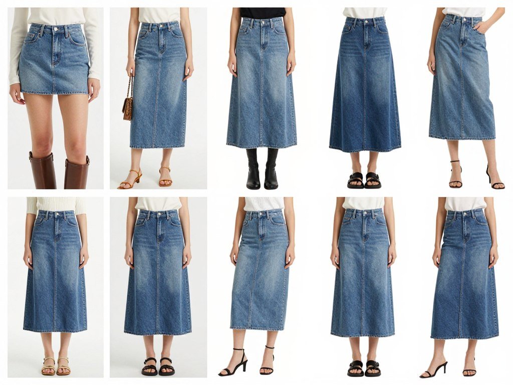 Collage of various jean skirt outfits for summer showing the versatility of styling denim skirts for different occasions and personal styles
