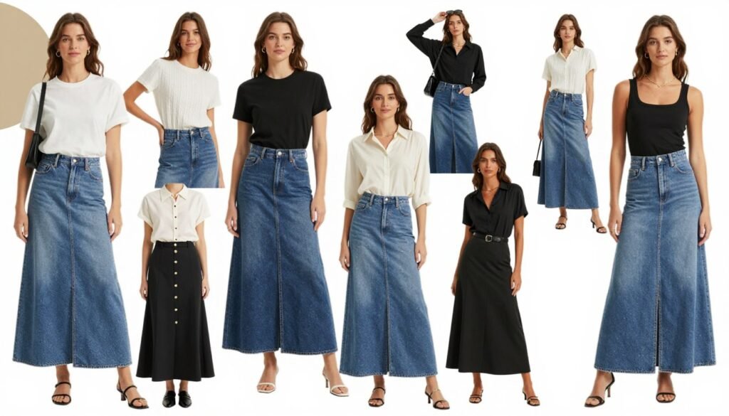 Collage of various maxi jean skirt outfits for different occasions and seasons