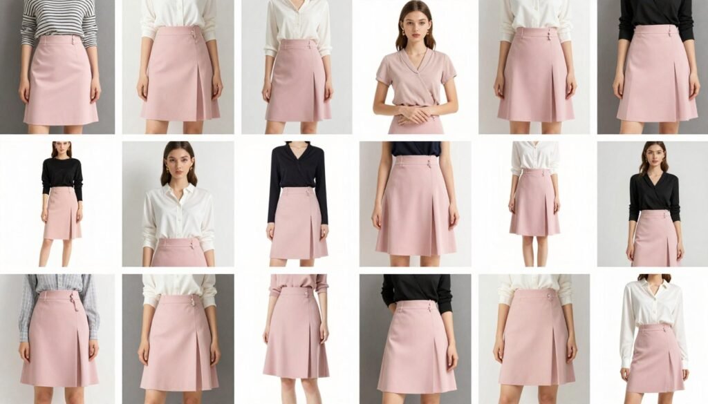 Collage of various pink skirt outfits for different occasions showing the versatility of this wardrobe piece