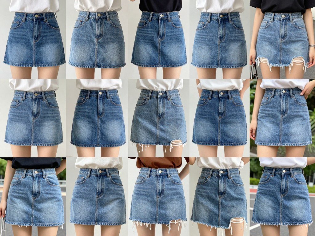 Collage of various short denim skirt outfits for different occasions