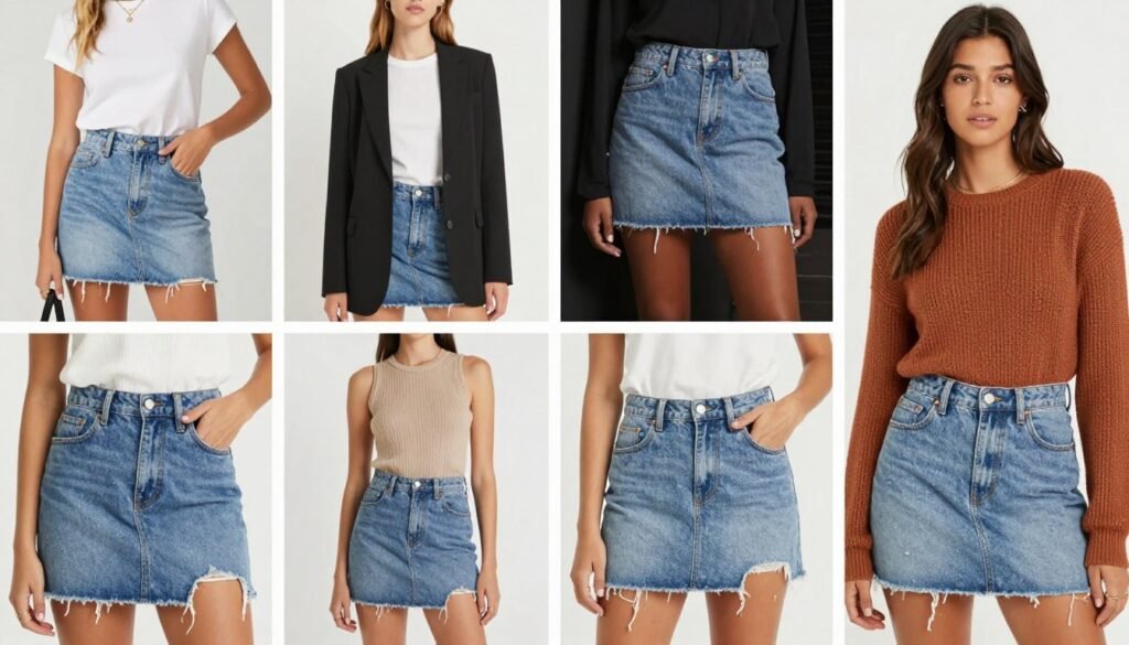 Collage of various short jean skirt outfits for different occasions