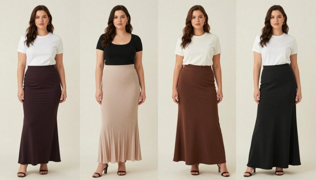 Collage of women with different body types wearing long skirts styled to flatter their specific proportions