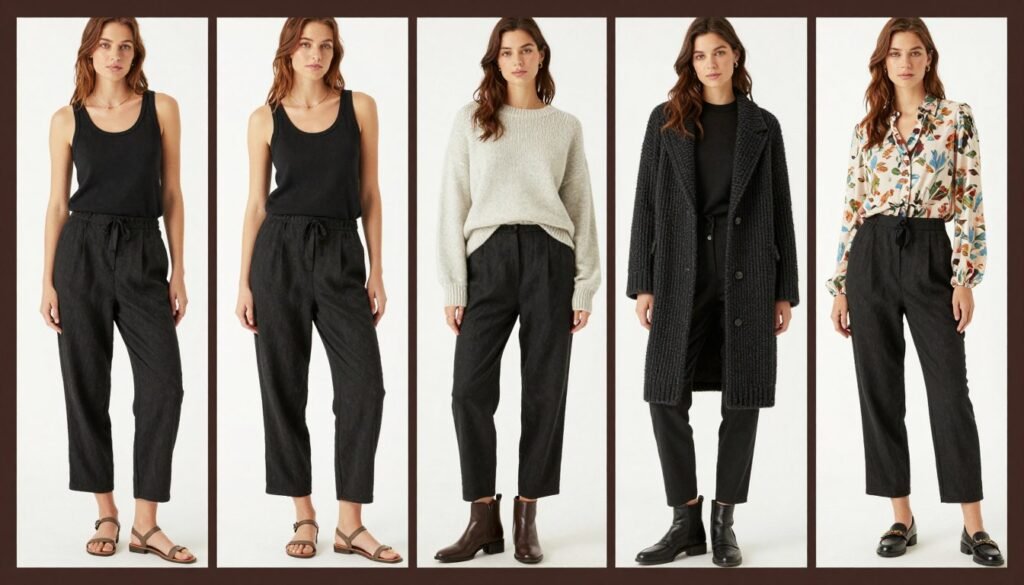 Collage showing the same black linen pants styled for different seasons, demonstrating versatile black linen pants outfit options year-round