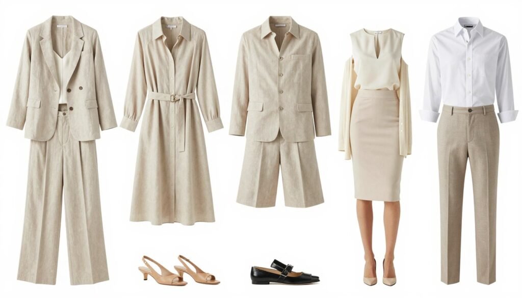 Collection of 5 summer work outfits for office settings arranged together