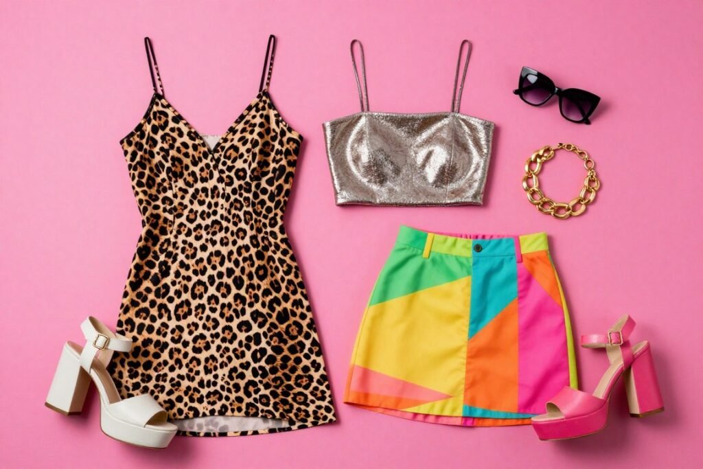 Collection of 90s maximalist summer fashion items including animal print dress and platform shoes