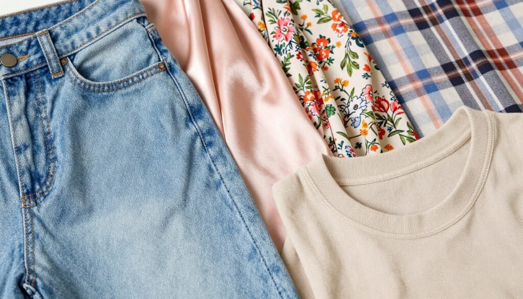 Collection of 90s summer fabrics including denim, satin, and floral prints