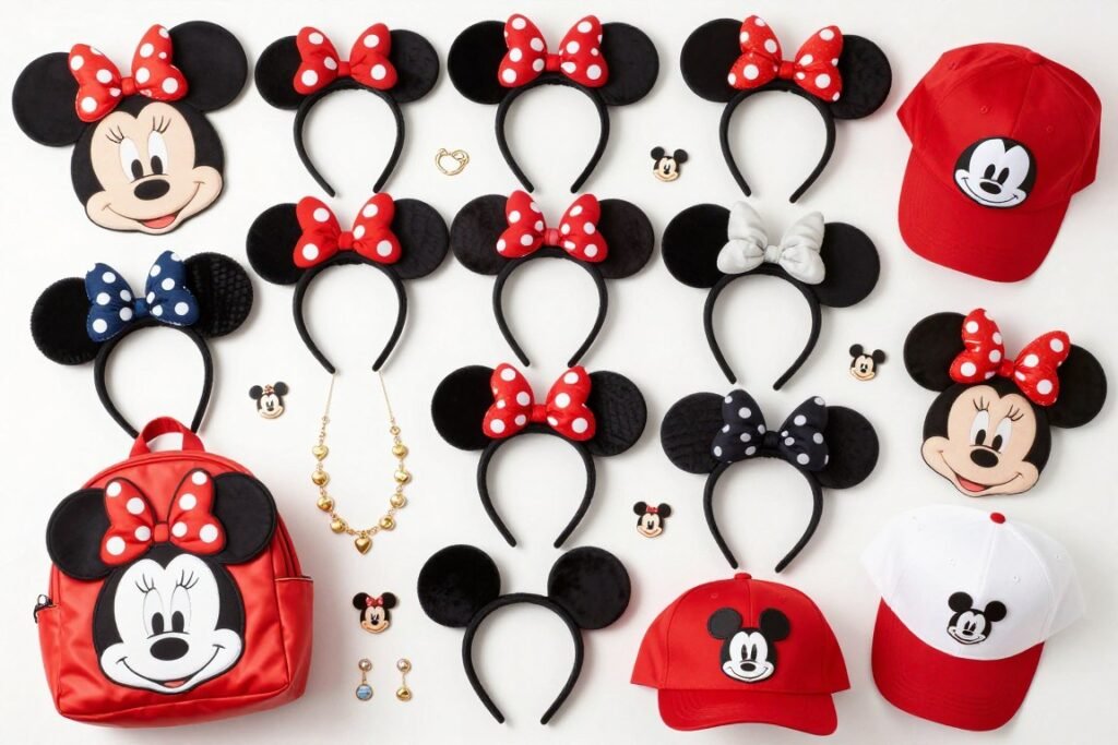 Collection of Disney accessories including Mickey ears, bags, jewelry, and hats