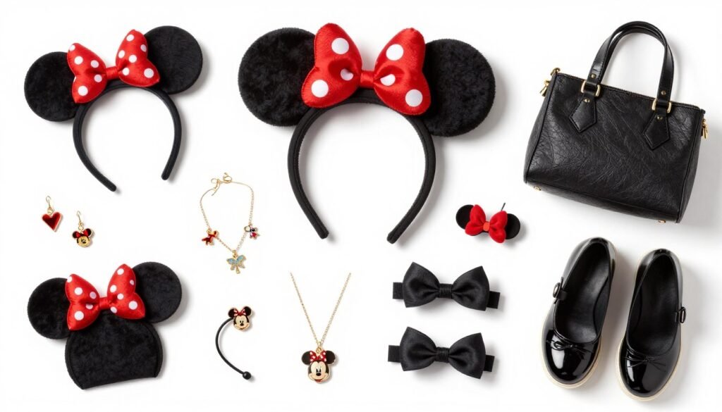 Collection of Disney-themed accessories including ears, jewelry, bags, and shoes