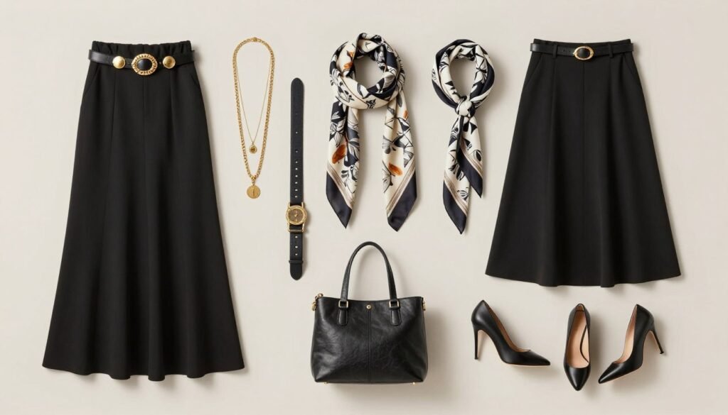 Collection of accessories paired with long black skirt outfits including belts, jewelry, and bags