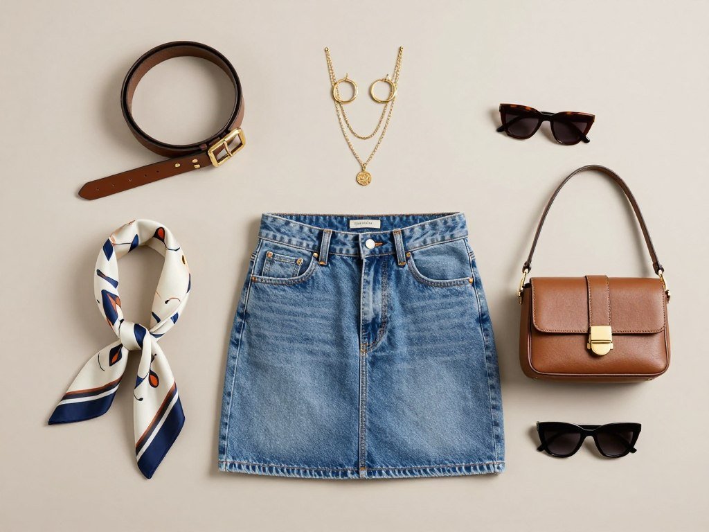 Collection of accessories that pair well with mini denim skirt outfits including belts, jewelry and bags