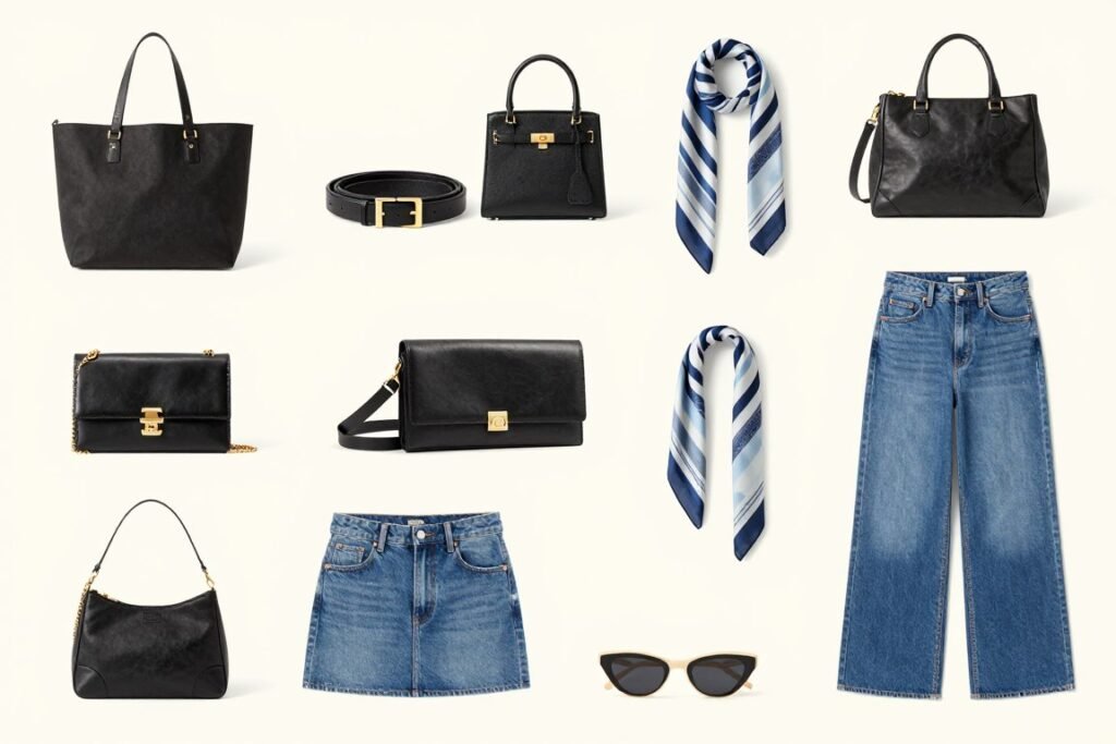 Collection of bags and accessories paired with different jean skirt styles