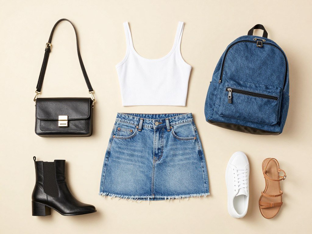 Collection of bags and footwear that pair well with denim mini skirt outfits