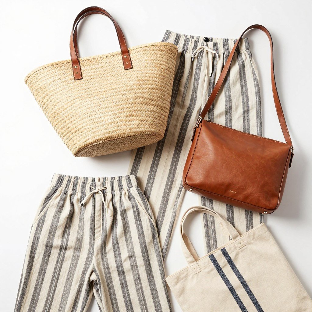 Collection of bags that pair well with striped linen pants outfits including straw, leather, and canvas options