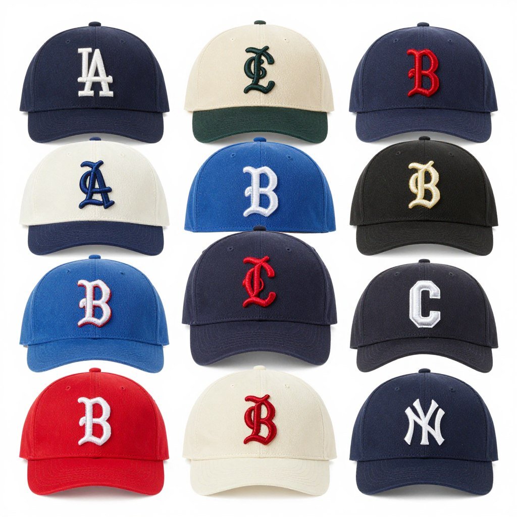 Collection of baseball caps in various team designs and colors
