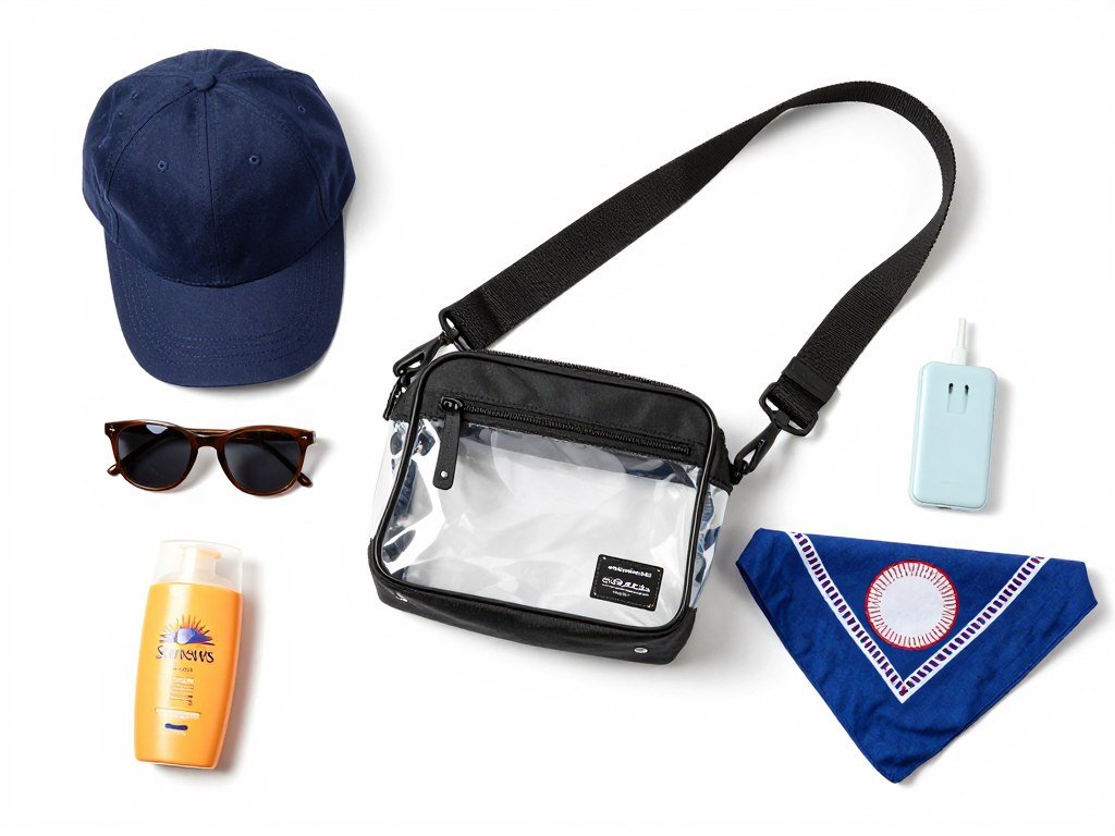 Collection of baseball game outfit accessories including cap, sunglasses, and bag