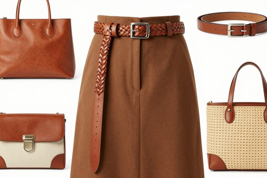 Collection of belts and bags that pair well with long brown skirts