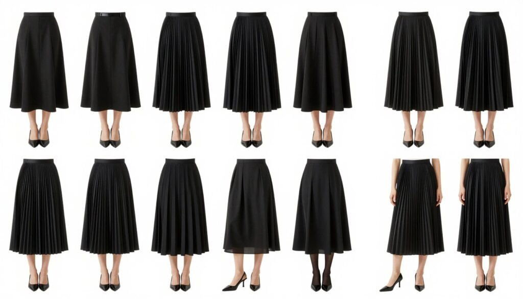 Collection of black pleated skirt outfits for different occasions and seasons
