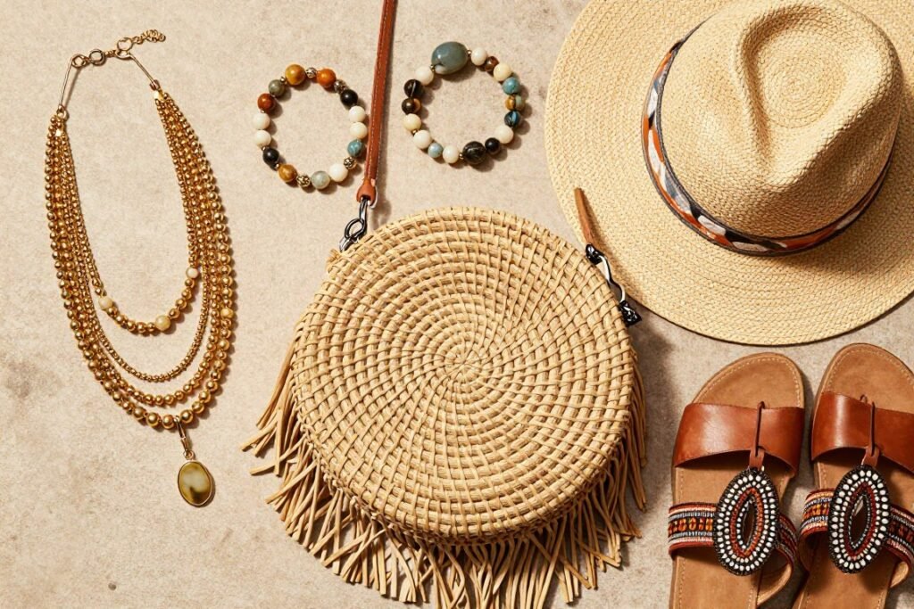 Collection of bohemian summer accessories including layered jewelry, woven bag and wide-brim hat, part of cute summer outfits aesthetic