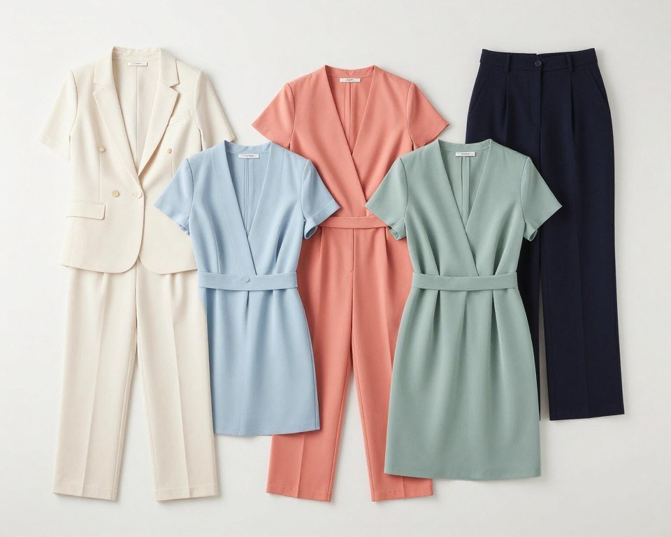 Collection of business casual summer outfits in professional summer color palette