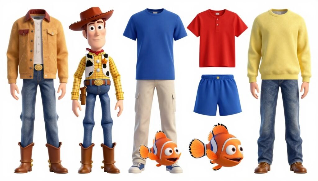 Collection of colorful Pixar character inspired outfits for casual wear