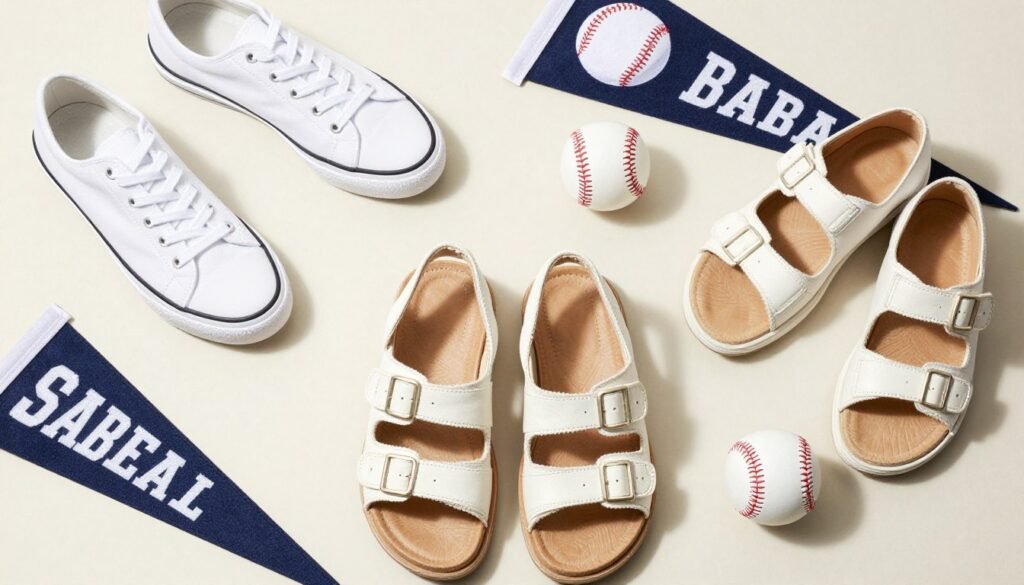 Collection of comfortable footwear options for baseball games including sneakers and sandals