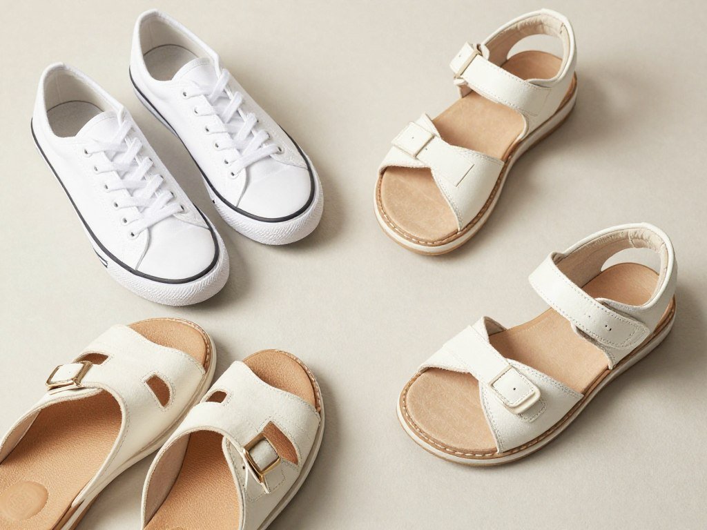 Collection of comfortable summer school footwear options including sneakers, sandals, and slip-ons