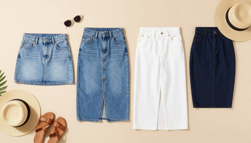 Collection of different denim skirt styles for summer outfits including mini, midi and maxi lengths