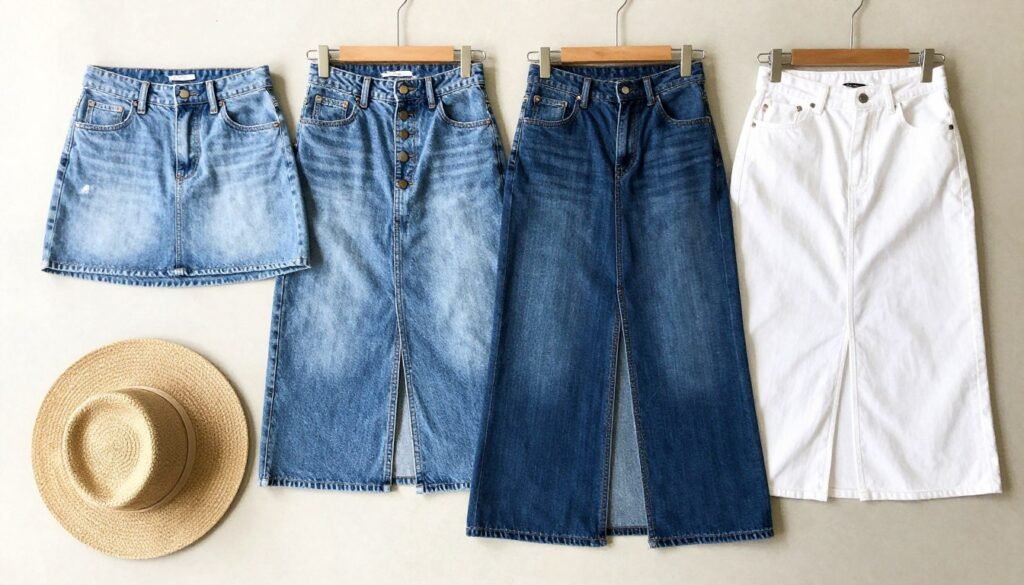 Collection of different jean skirt styles for summer including mini, midi, and maxi lengths