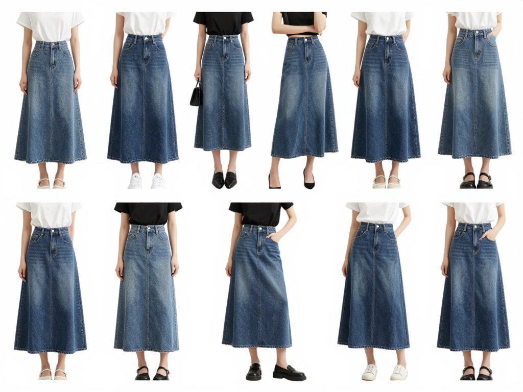 Collection of different long jean skirt styles and outfit combinations