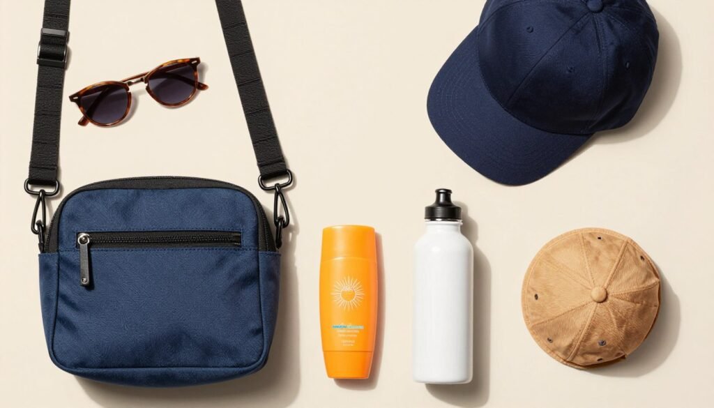 Collection of essential accessories for summer baseball games including sunglasses, bag, and hat