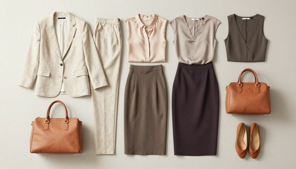 Collection of essential professional summer work outfit pieces laid flat