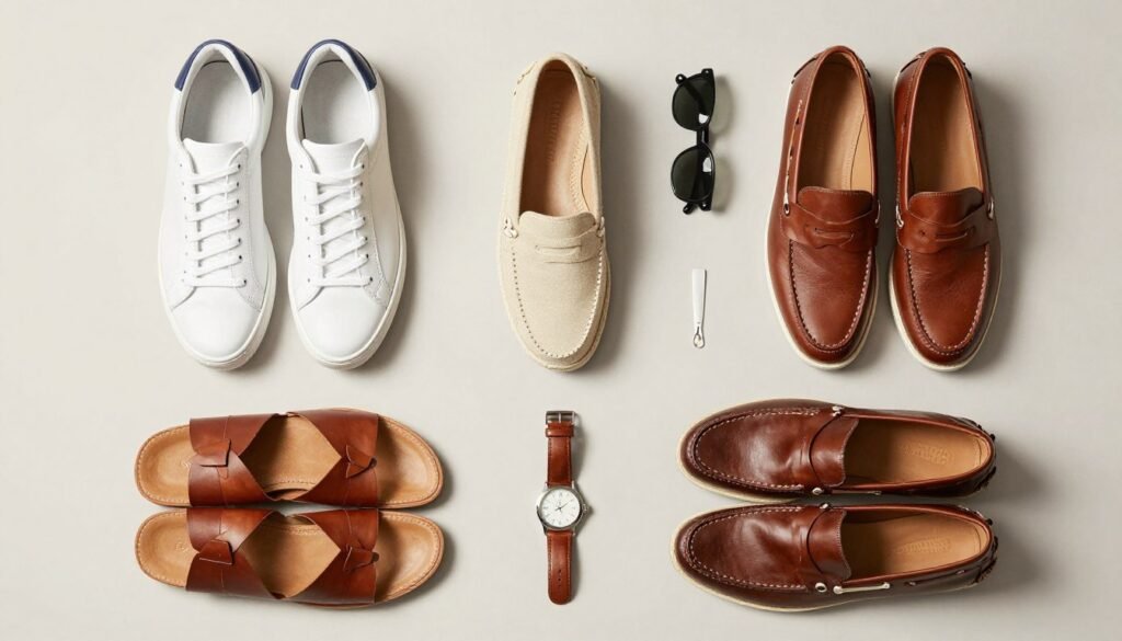 Collection of essential summer footwear options for casual summer outfits men