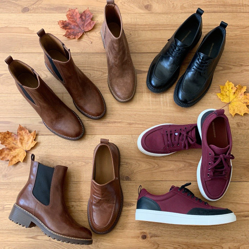Collection of fall footwear options including ankle boots, loafers, and sneakers for school