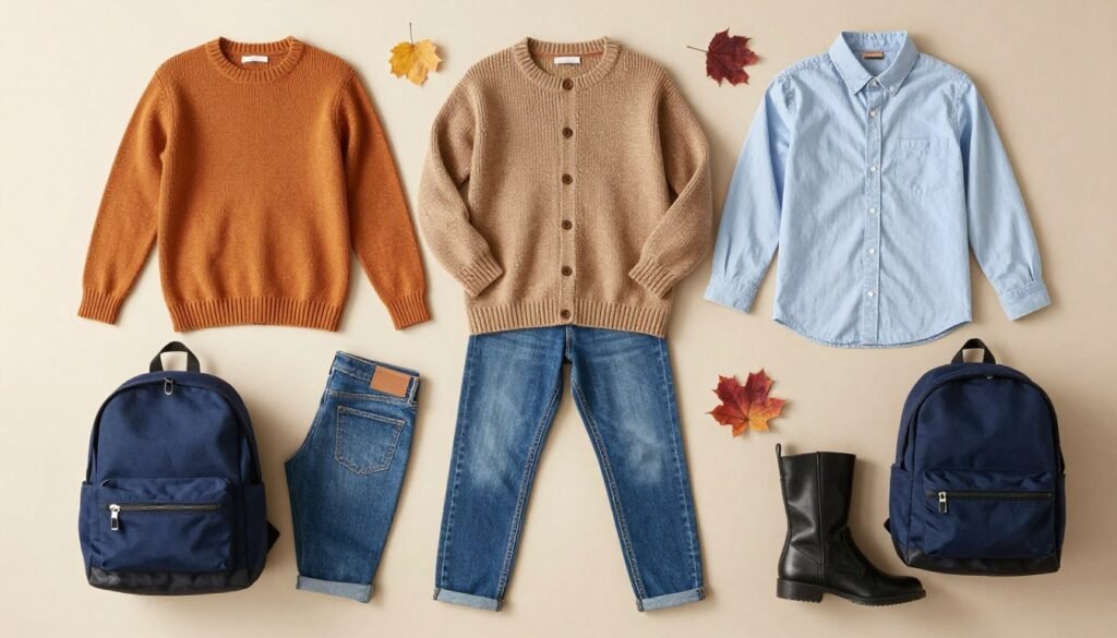Collection of fall wardrobe essentials for school including sweaters, jeans, and accessories