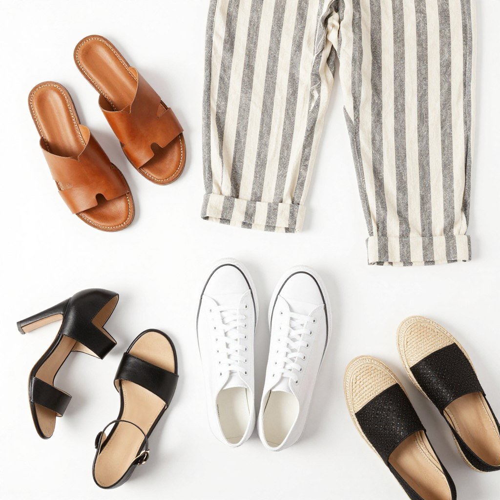 Collection of footwear options for striped linen pants outfits including sandals, sneakers, and dressy options