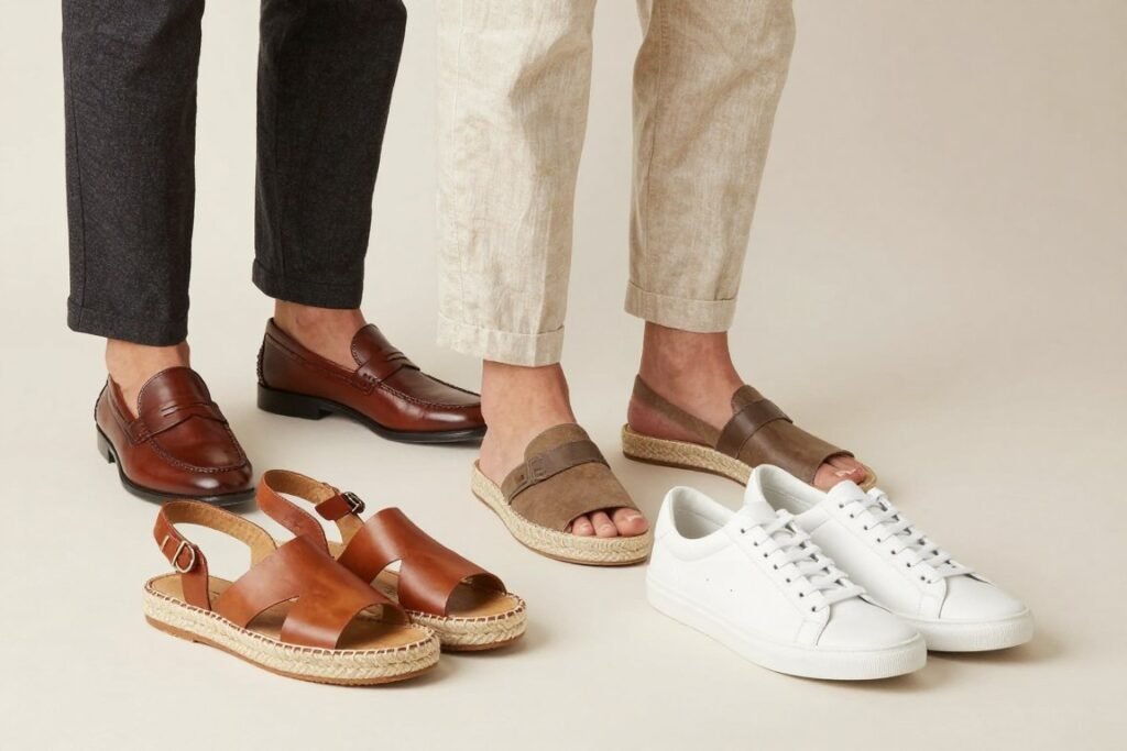 Collection of footwear options that pair well with linen pants including loafers, espadrilles, sandals, and minimal sneakers