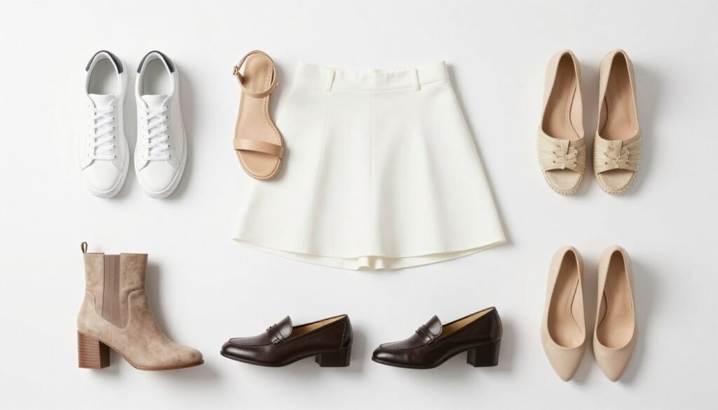 Collection of footwear options to pair with a short white skirt including sneakers, sandals, and heels