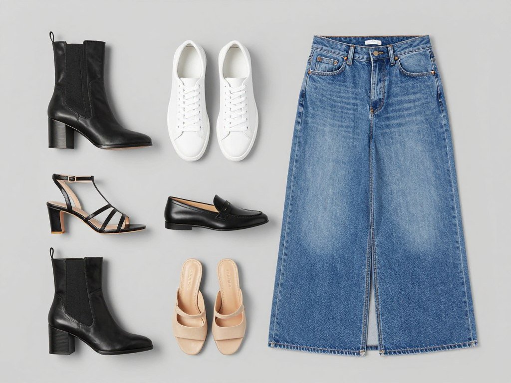 Collection of footwear options to pair with maxi jean skirts including boots, sandals, and sneakers