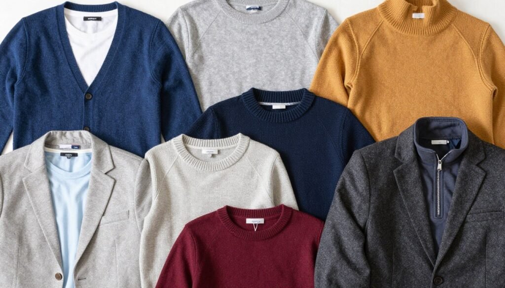 Collection of layering pieces including cardigans, blazers, and sweaters appropriate for school