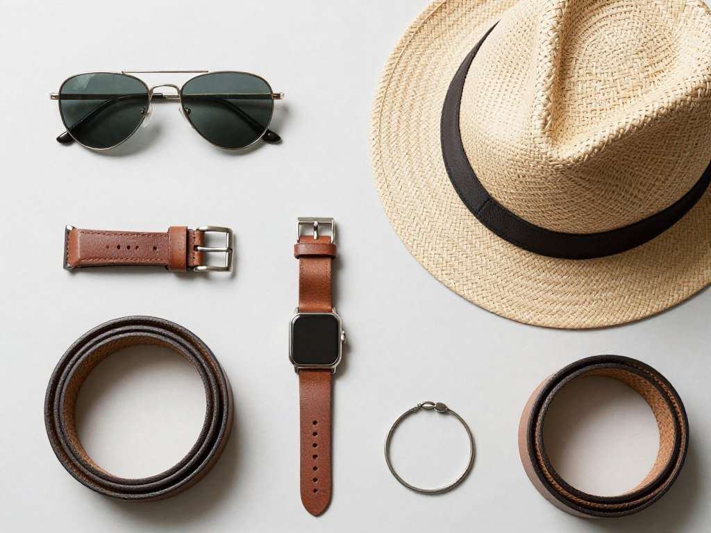 Collection of men's summer accessories including sunglasses, watches, and hats for casual summer outfits