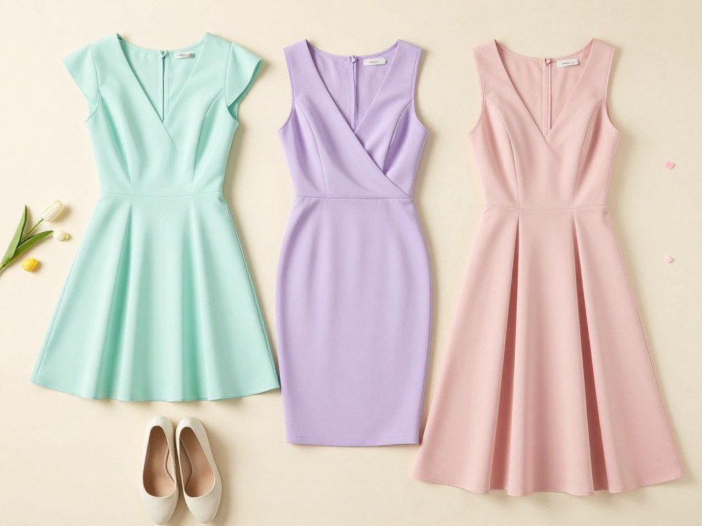 Collection of pastel-colored Easter dresses in mint, lavender, and blush tones