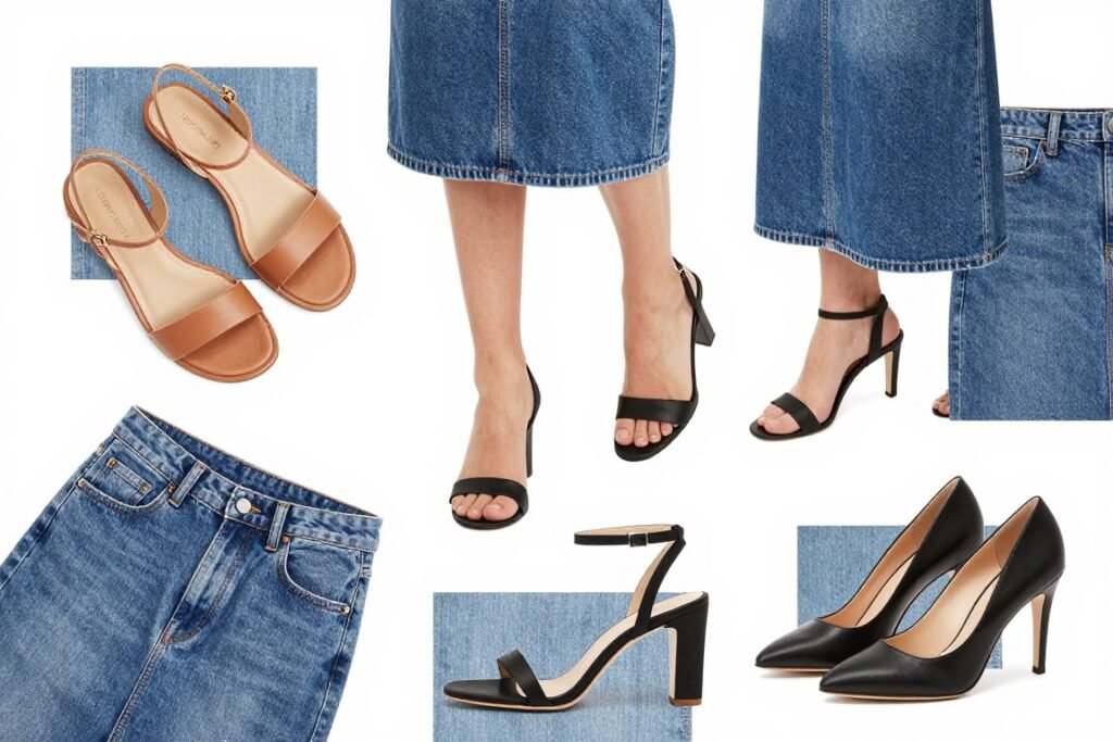 Collection of sandals and heels styled with jean skirts