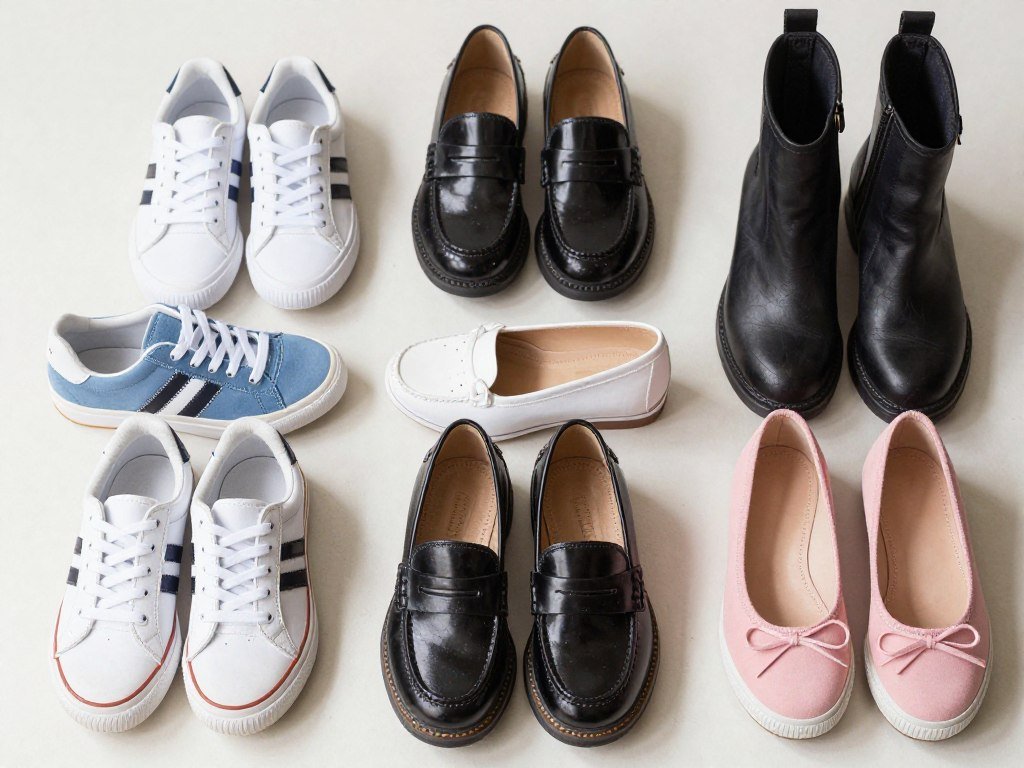 Collection of school-appropriate shoes including sneakers, loafers, and flats