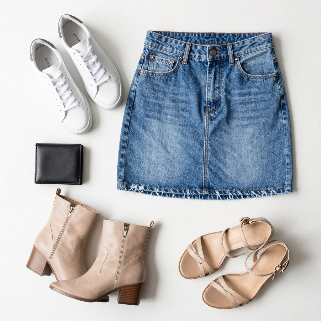 Collection of shoes to pair with jean skirt outfits