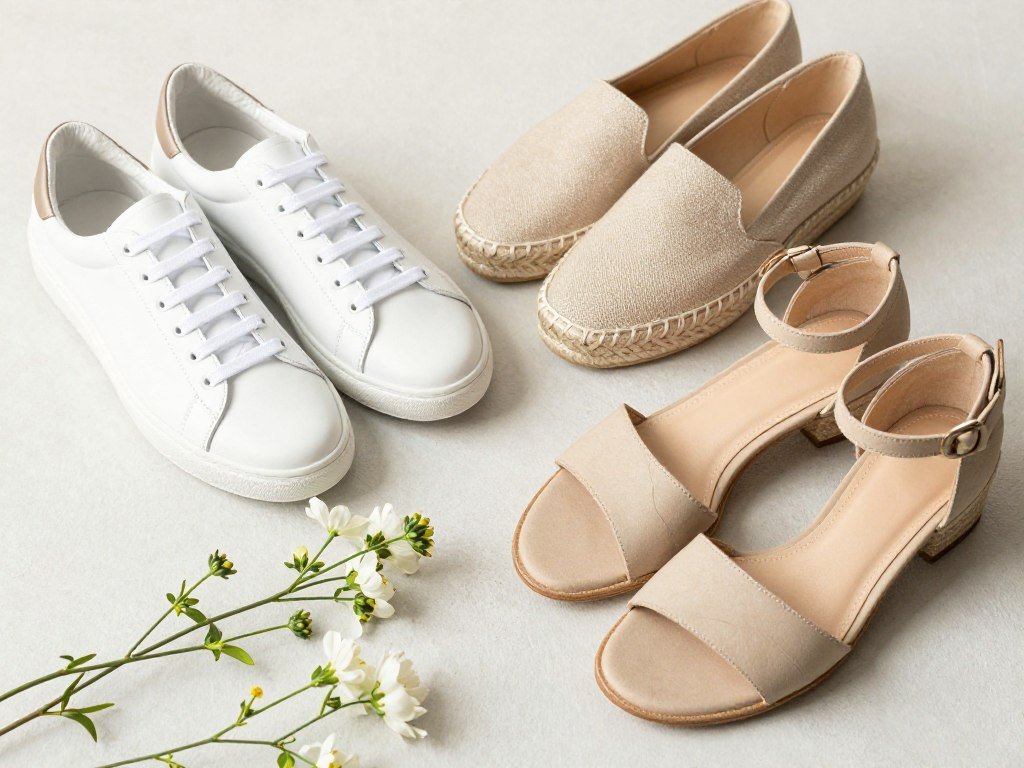 Collection of spring shoes including white sneakers, espadrilles, and strappy sandals - cute spring footwear