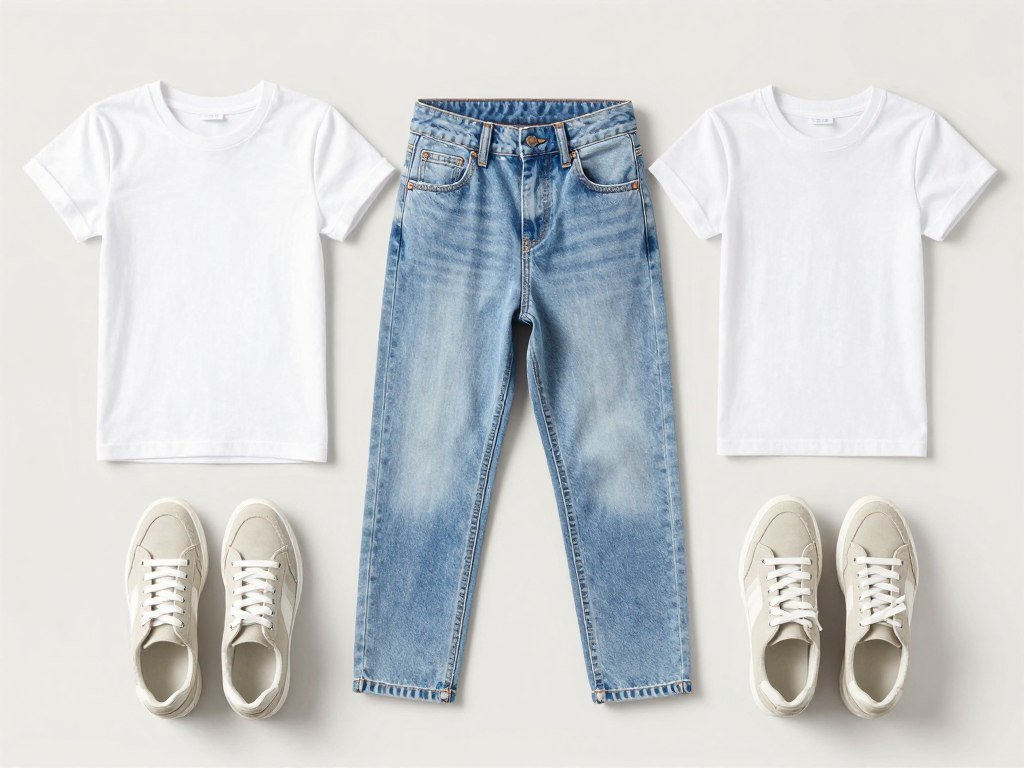 Collection of spring wardrobe basics for school including t-shirts, jeans and sneakers