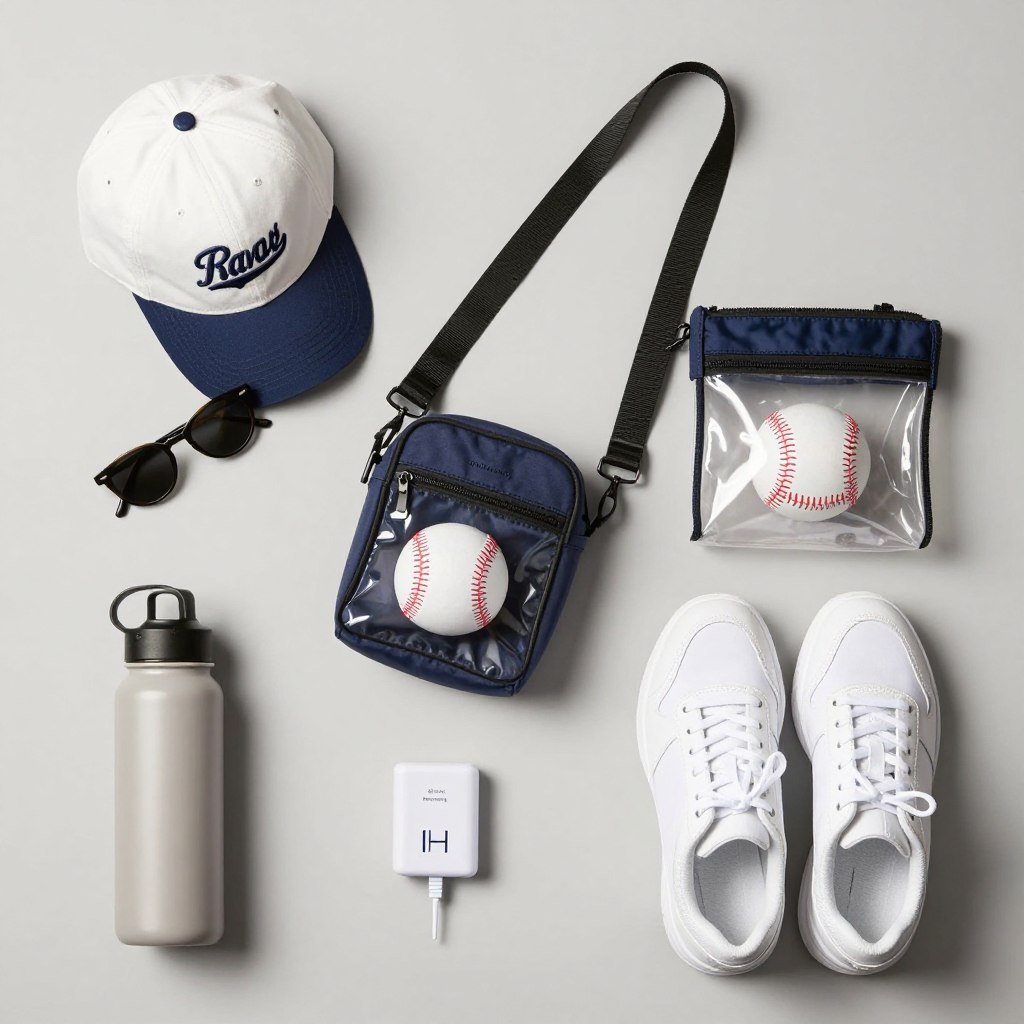 Collection of stadium-friendly accessories including baseball cap, crossbody bag, and comfortable sneakers