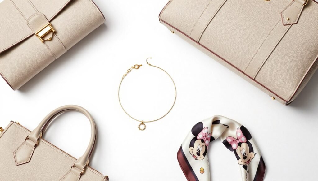 Collection of stylish Disney-inspired accessories including jewelry, bags, and scarves